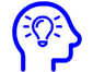 A blue icon of a head with a light bulb in it.