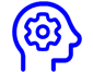 A blue icon of a head with gears on it.